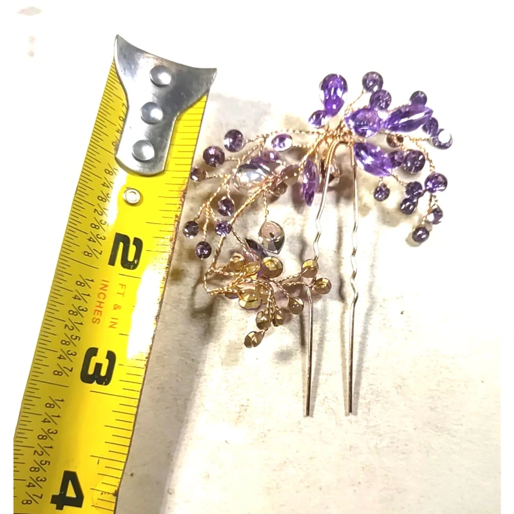 Lot Of 4 Hair Accessory 2 Combs 2 Picks Gold Tone Purple Rhinestone Prom Party